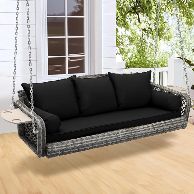 3-Person Hanging Porch Swing, Outdoor Wicker Hanging Swing Chair, 76inch Wicker by UTOASIS
