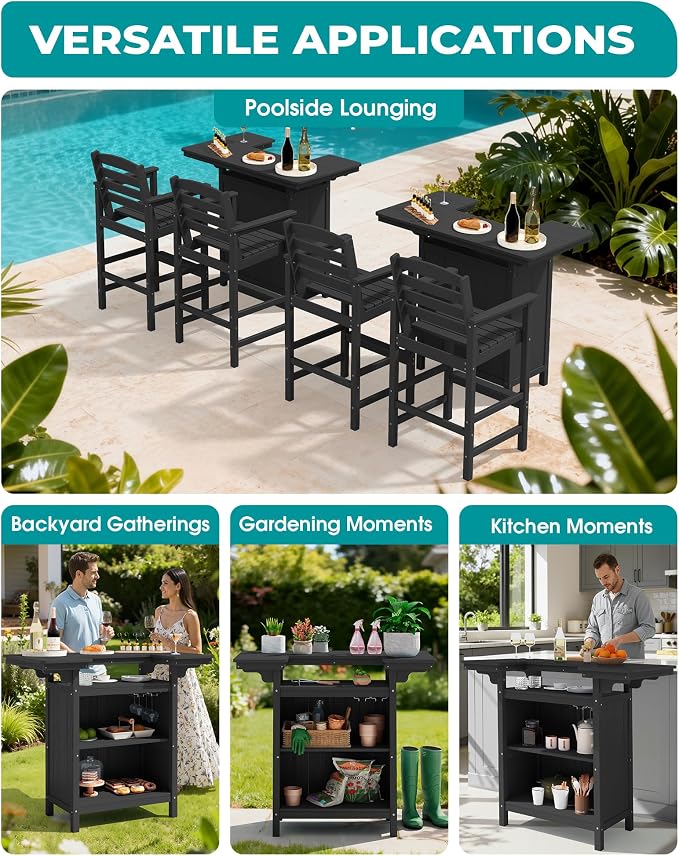 SERWALL Outdoor Bar Table Set – HDPE Black Patio Bar Cabinet - Image 8