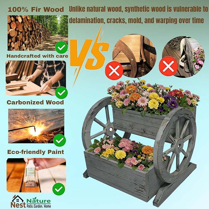 NestNature Wooden Wagon Planter Box, Raised Garden Bed, Decorative Garden - Image 8