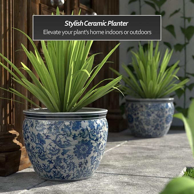 Red Lantern 16" Floral Blue & White Porcelain Fishbowl Planter - Image 3