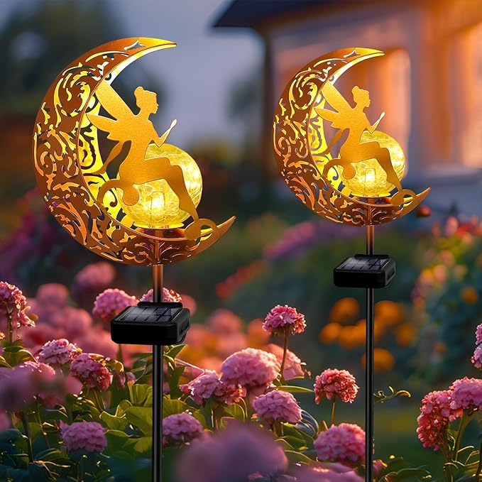 YJFWAL 2 Pack Garden Solar Lights Pathway Stake Lights Moon Fairy Glass Globe by YJFWAL