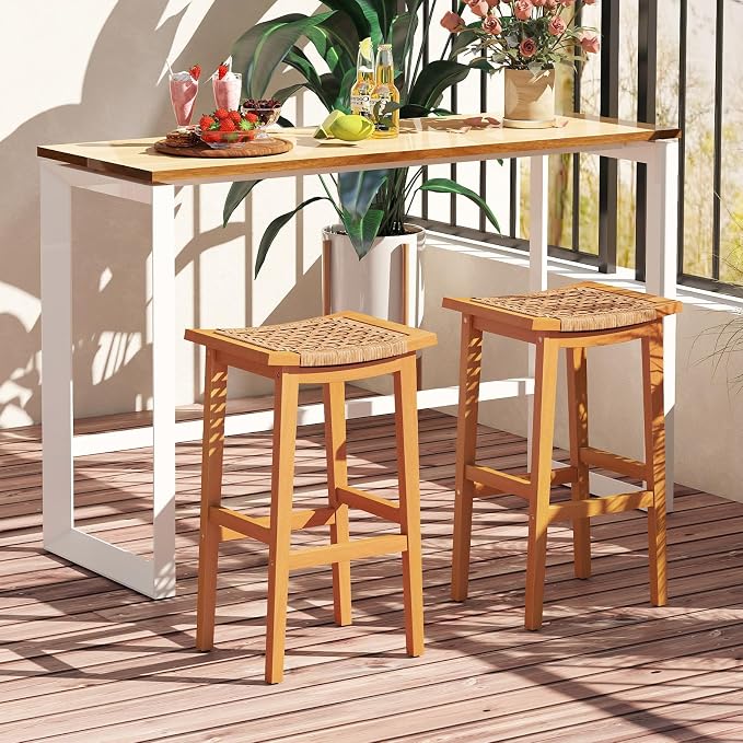 Giantex Outdoor Wooden Bar Stools Set of 2, Solid Acacia Wood Bar Height Stools - Image 2