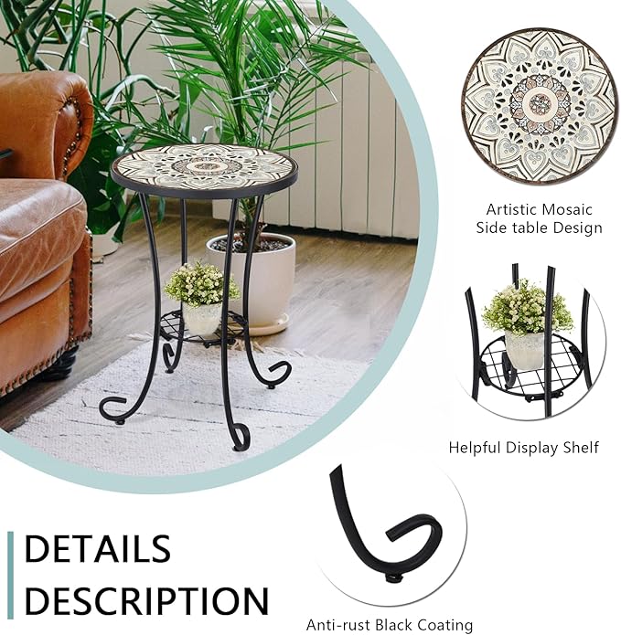 VCUTEKA Outdoor Side Table Mosaic Patio Table Accent Tables Mosaic Tile Top - Image 5