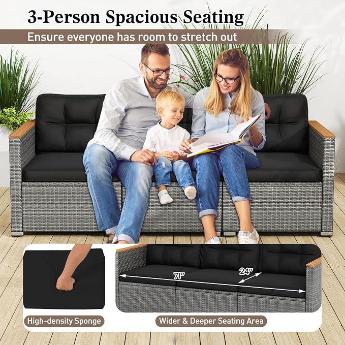 Tangkula 3-Seat Patio Wicker Couch Sofa, Outdoor 3 Seater Rattan Furniture Set - Image 5