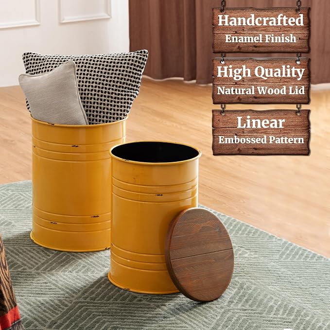Glitzhome Rustic End Table Set of 2, Farmhouse Galvanized Metal Barrel Ottoman - Image 5