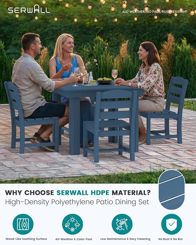 SERWALL Outdoor Dining Set for 4, HDPE Square Table and Chairs Set All Weather - Image 2