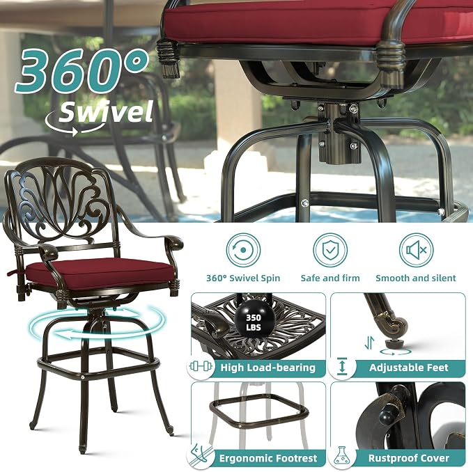 MEETWARM 2 Piece Patio Swivel Bar Chairs, All Weather Cast Aluminum High Swivel - Image 6