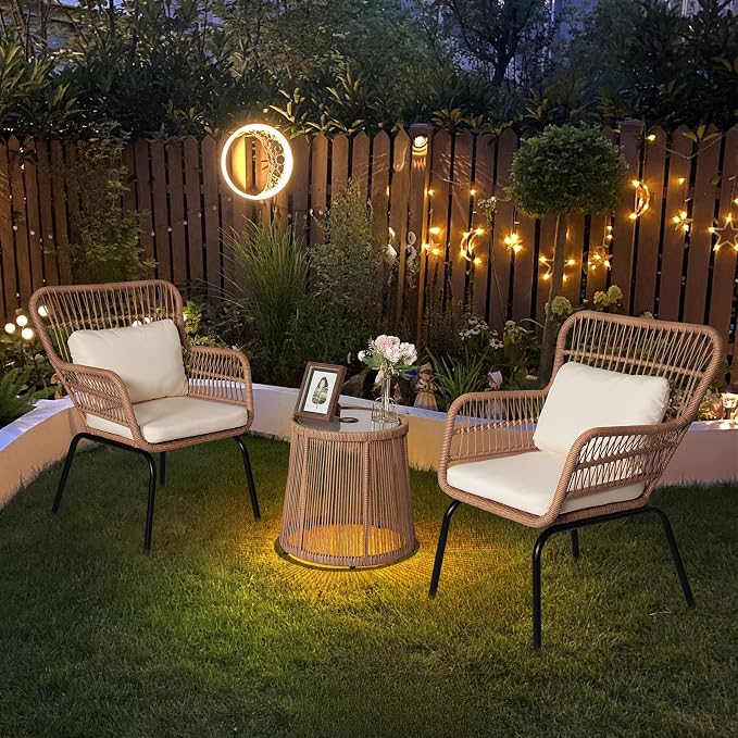 3 Piece Outdoor Wicker Furniture Bistro Set, Rattan Chairs Conversation Sets - Image 3