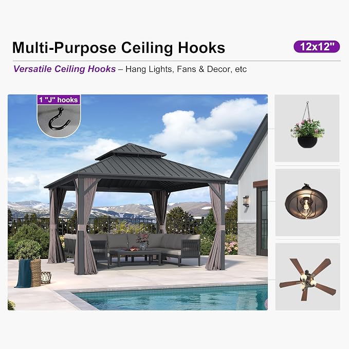 PURPLE LEAF 12' X 12' Permanent Hardtop Gazebo Outdoor Aluminum Gazebo - Image 7