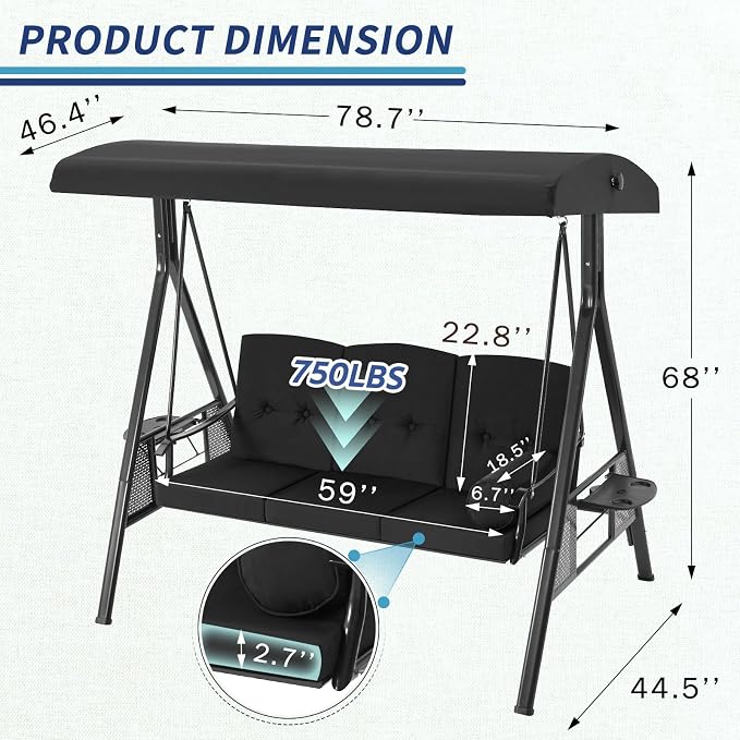 U-MAX 3-Seat Porch Swing Chair Steel Frame, Patio Swing Chair - Image 4