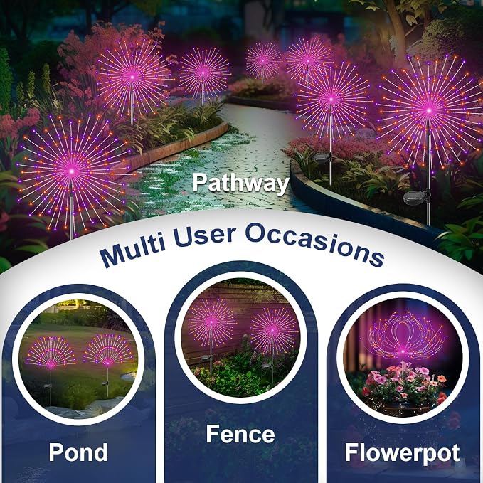 Solar Garden Lights Outdoor, 2 Pack 120 LED Twinkling Firework Lights Decorative - Image 5
