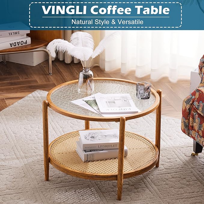 VINGLI 25.6" Rattan Coffee Table, Round Water-Wave Glass Metal Center Table - Image 3