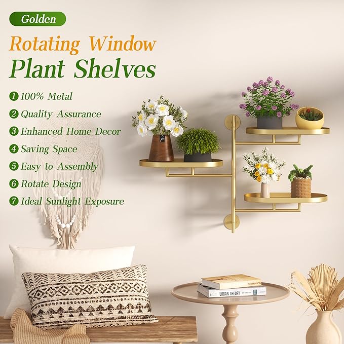 Window Rotating Plant Stand Shelf Indoor Gold Metal Floating Shelves 3-Tier - Image 3