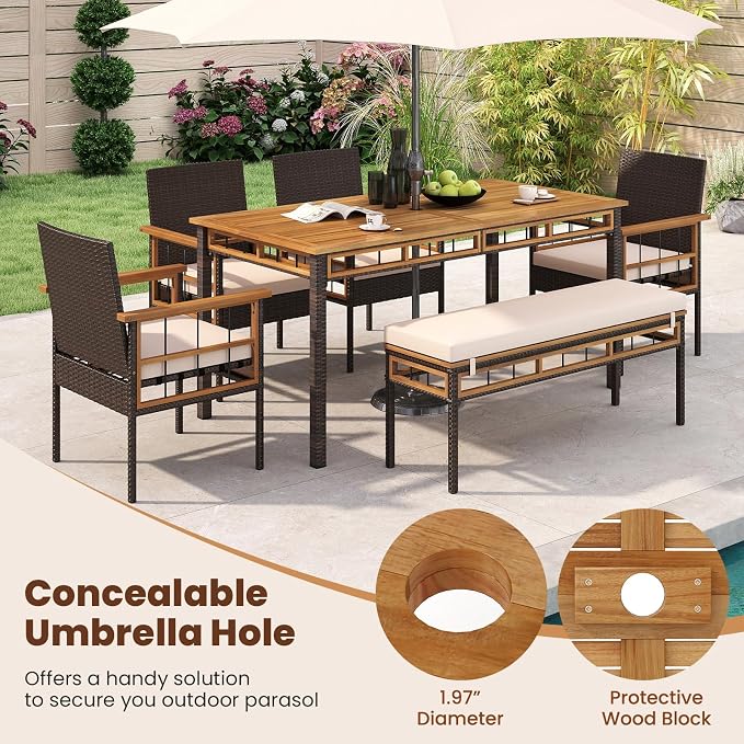 Tangkula 6 Pieces Patio Dining Table Set, Outdoor Rectangular Acacia Wood Table - Image 4
