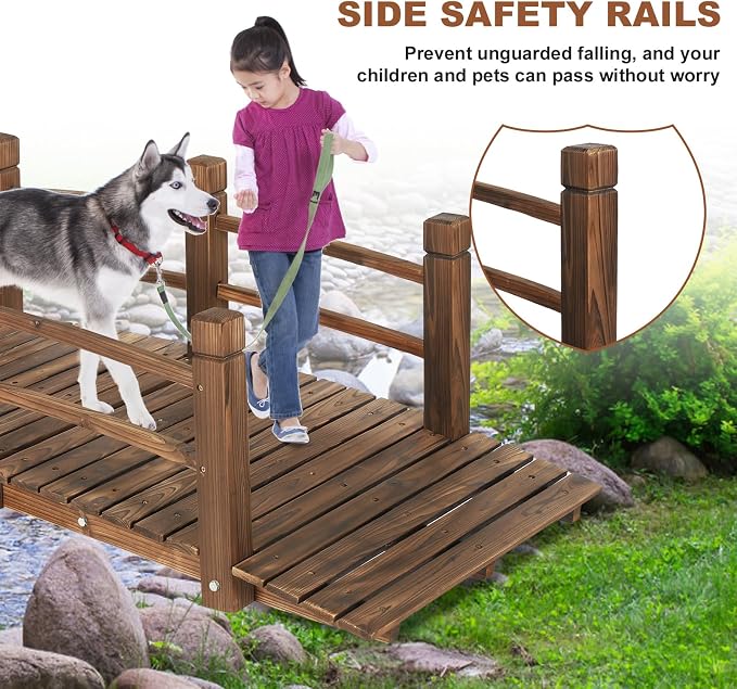HOMEDIARY 5 FT Fir Wood Garden Bridge, Outdoor Stained Wood Arc Footbridge - Image 6