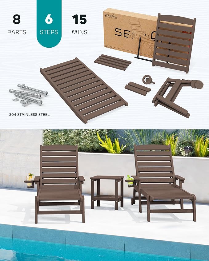 SERWALL Patio Chaise Lounge Chair, Poly Lounge Chair - Image 6