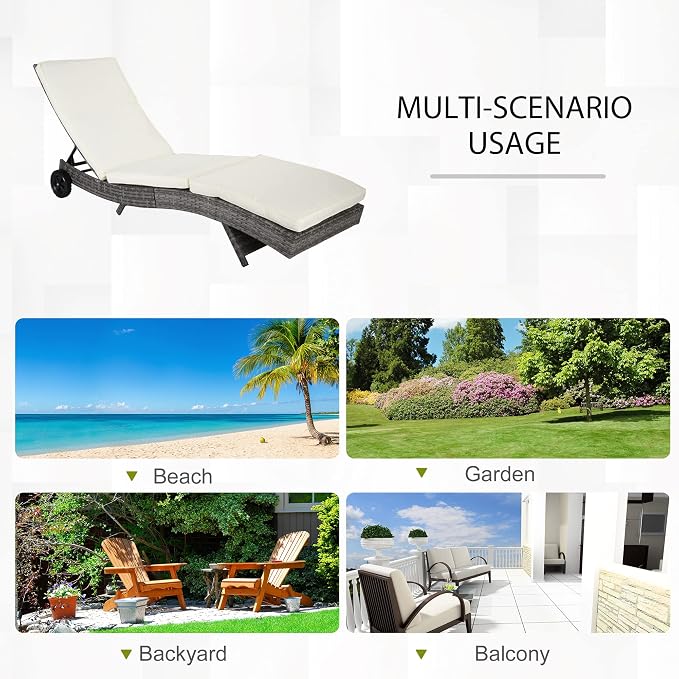 Outsunny Wicker Chaise Lounge Chair Outdoor PE Rattan Cushioned Patio Sun - Image 7