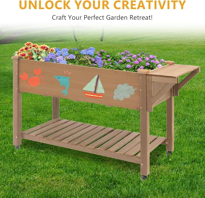 Raised Garden Bed with Lockable Wheels Mobile Elevated Wood Planter, Storage - Image 8