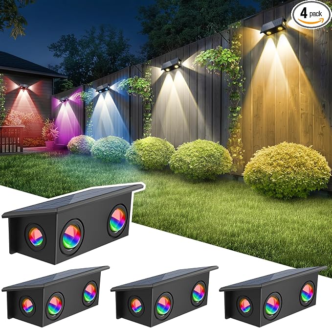 T-SUN Solar Fence Lights Outdoor, 4 Pack Waterproof Fence Lights Solar Powered by T-SUN