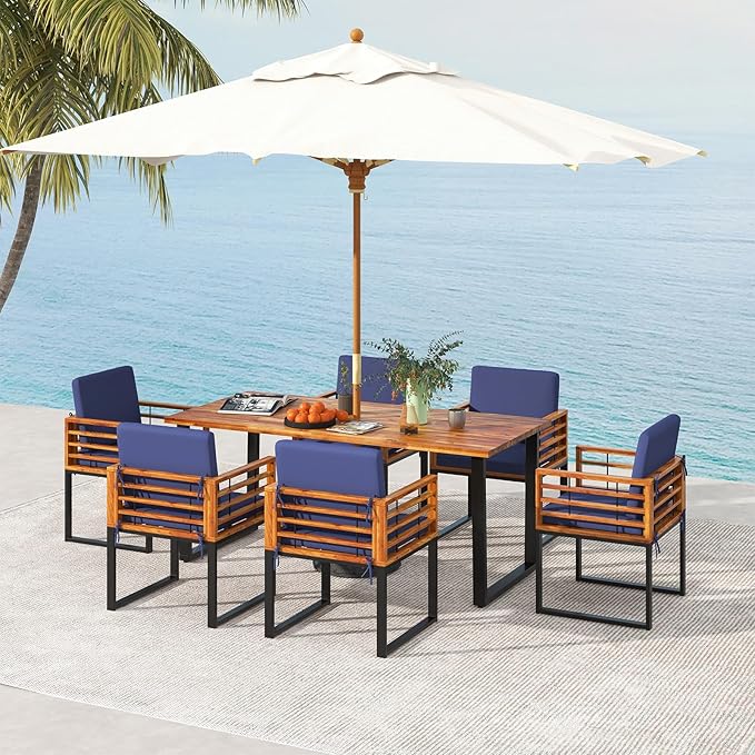 Tangkula 7 Piece Patio Dining Set, Acacia Wood Dining Chair & Table Set - Image 2