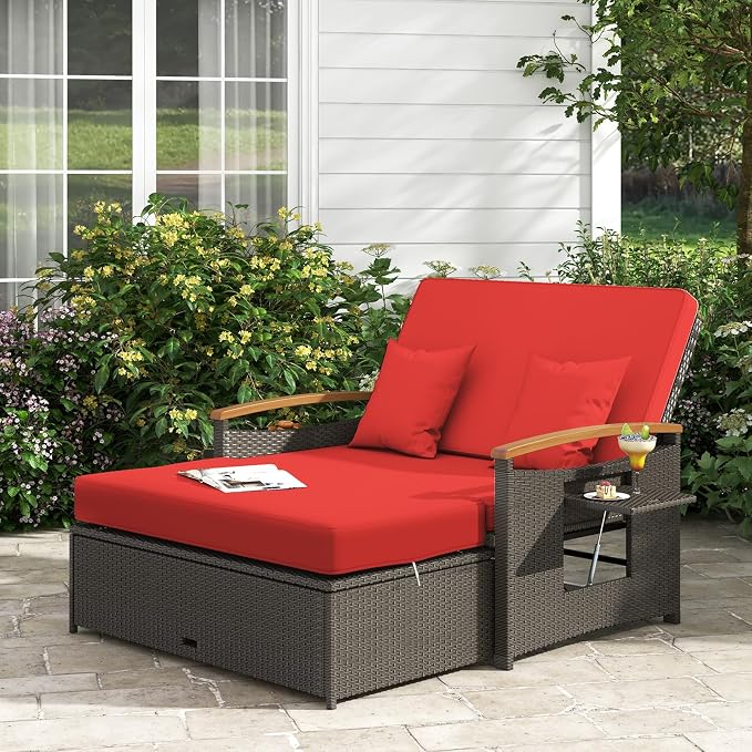 LDAILY Moccha Outdoor Wicker Daybed, Patio Rattan Loveseat Sofa w/ 4-Level - Image 2
