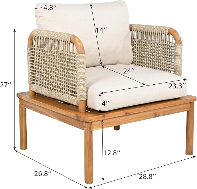 Outdoor Armchair, Acacia Wood and Rope Club Chair - Image 2