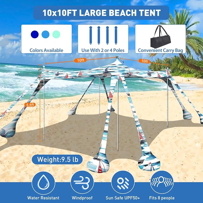 Beach Tent Sun Shelter 10x10ft Beach Canopy Easy Pop Up Sun Shade Portable - Image 2