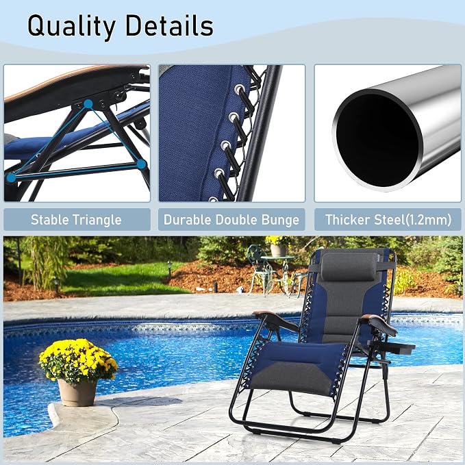 PHI VILLA XXL Oversized Padded Zero Gravity Chair Set of 2, Foldable Patio - Image 5