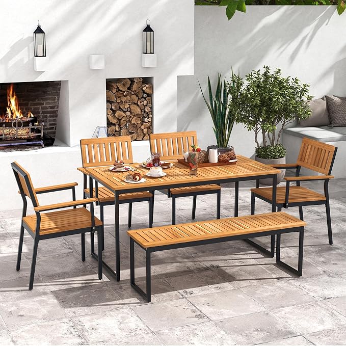 Tangkula 6 Pieces Outdoor Acacia Wood Dining Set, Patio Table and Chairs Set - Image 3