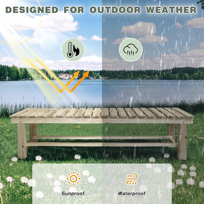 Outdoor Garden Bench, 3-Person Wood Patio Bench Weatherproof Outdoor Backless - Image 5