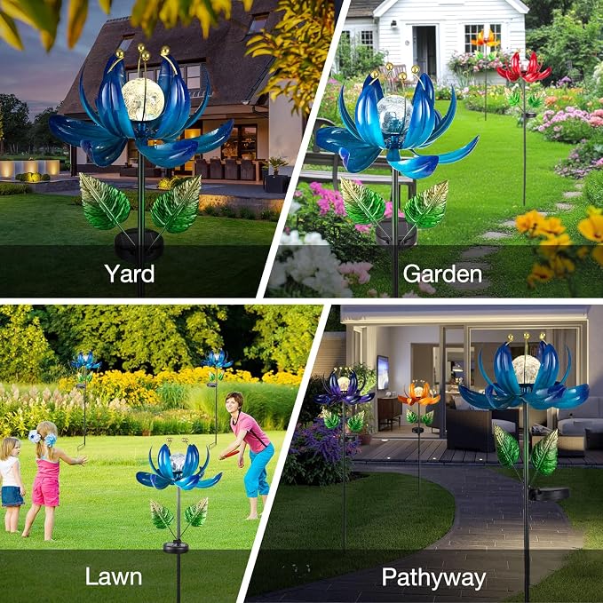 Solar Garden Lights Metal Flower Decor, Colorful Lotus Pathway Spinning Windmill - Image 7
