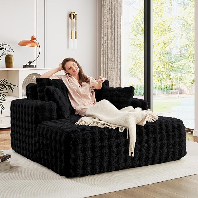 56" W Oversized Chaise Lounge Chair Indoor, Plush Faux Fur Sleeper Couch Sofa - Image 5