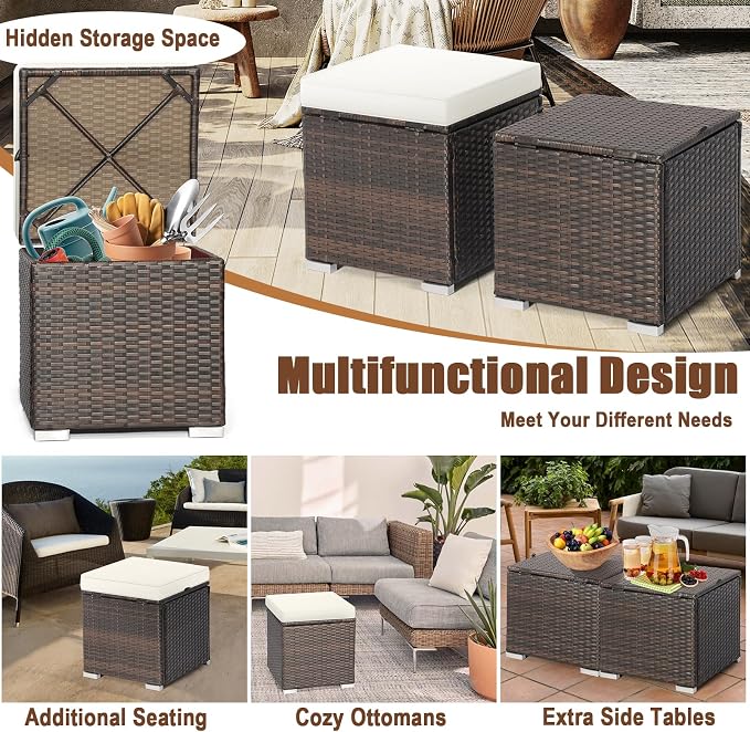 RELAX4LIFE Wicker Outdoor Storage Ottoman, 2-Piece Rattan Footstool w/Removable - Image 7