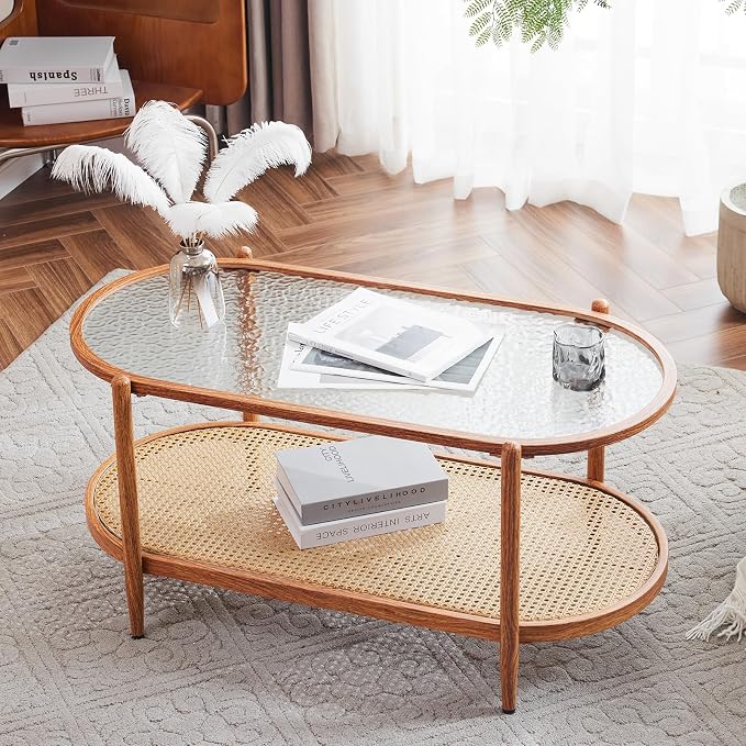 VINGLI 38" Rattan Oval Coffee Table, Water-Wave Glass Metal Center Table - Image 8