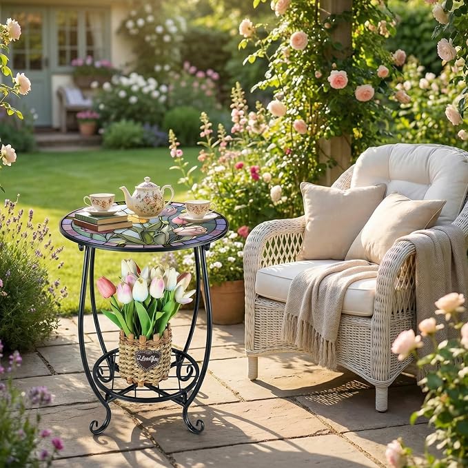 Outdoor Side Table Round Small Mosaic Patio Accent Indoor End Plant Coffee Tea - Image 2