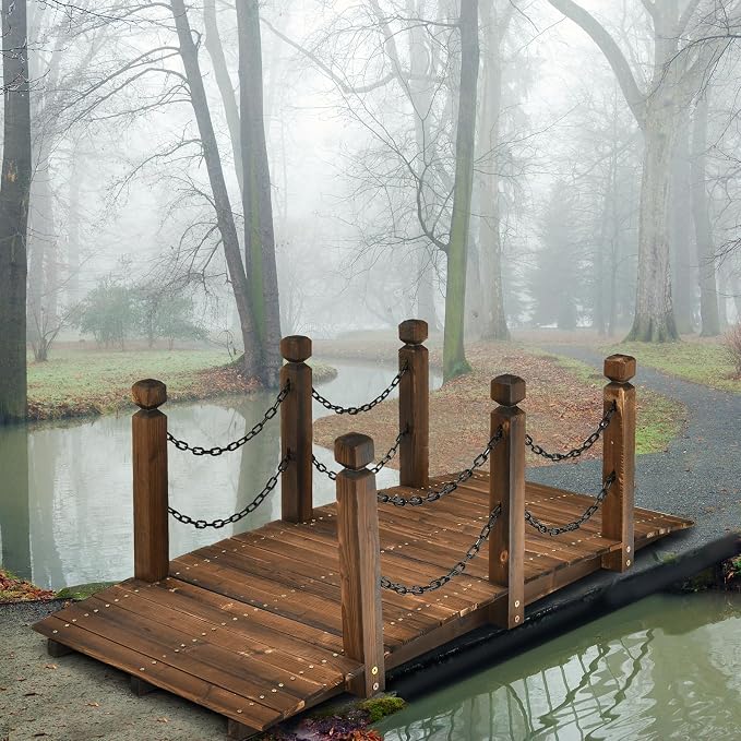 Giantex 5 FT Wooden Garden Bridge, Stained Wood Arc Footbridge - Image 3
