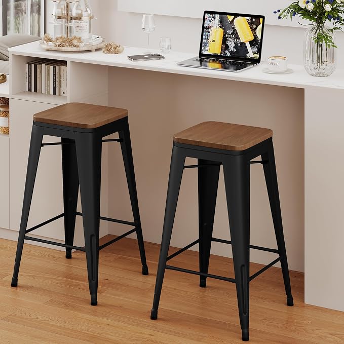 Alunaune 24" Metal Bar Stools Set of 2 Stackable Counter Height Barstools - Image 3