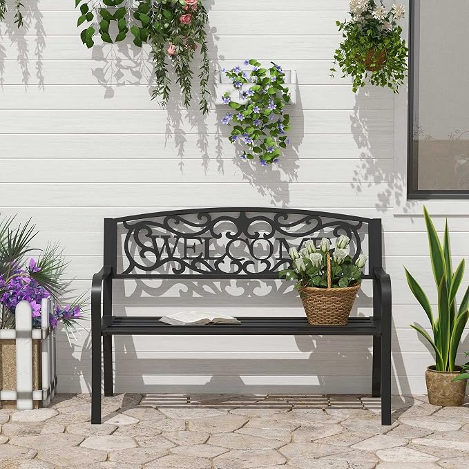 Outsunny 50" Outdoor Metal Welcome Bench, Garden Bench - Image 2