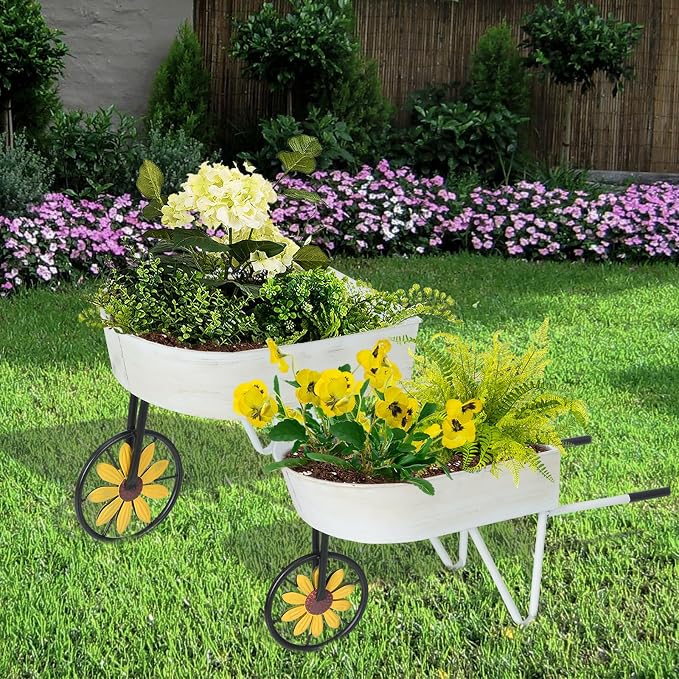 BAYN Metal Wheelbarrow Flower Cart Planter, 2 Packs Plant Stands - Image 6