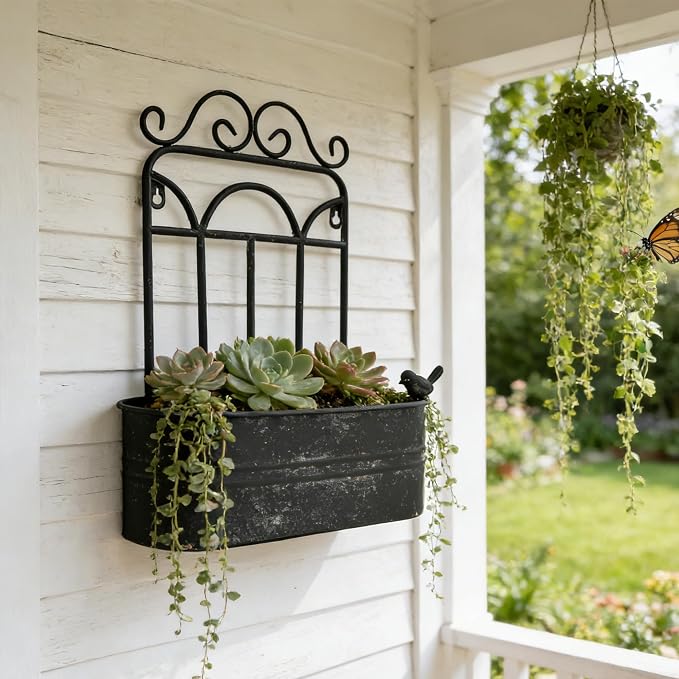 Rustic Metal Wall Planter Vintage Wall Mounted Flower Pot Distressed Wall - Image 6