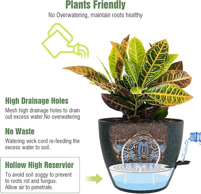 Large Self Watering Pots, 12/10/9 Plastic Planters - Image 3