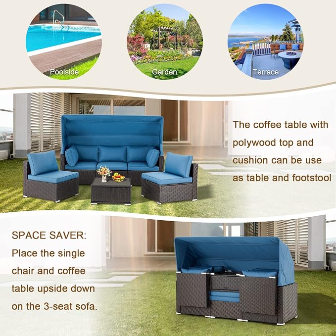 Vicluke 6 Pieces Patio Furniture Sets Outdoor Sectional Sofa Set Rattan Daybed - Image 6