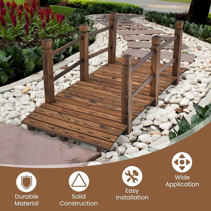 HAPPYGRILL 5FT Wooden Garden Bridge, Decorative Pond Landscaping Bridge - Image 6