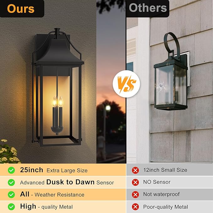 25-INCH Dusk to Dawn Outdoor Wall Light, Large Size Waterproof Patio Lanterns - Image 3