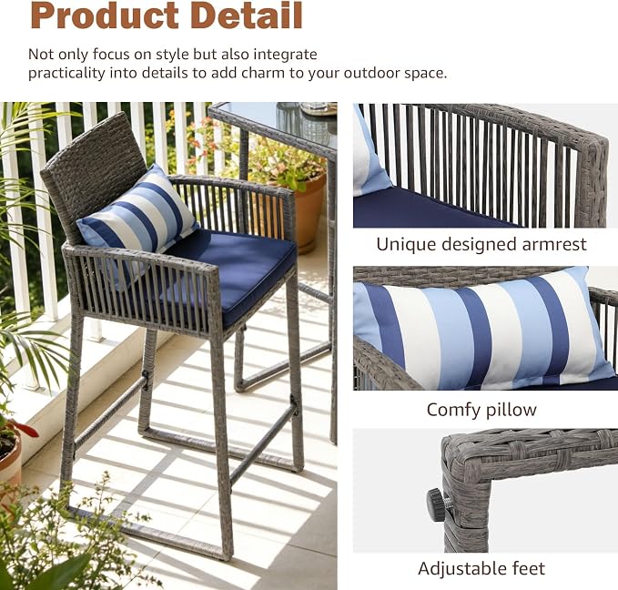 SUNSITT 3-Piece Outdoor Wicker Bar Height Table Set, 2 Bar Stools and 1 Pub - Image 3
