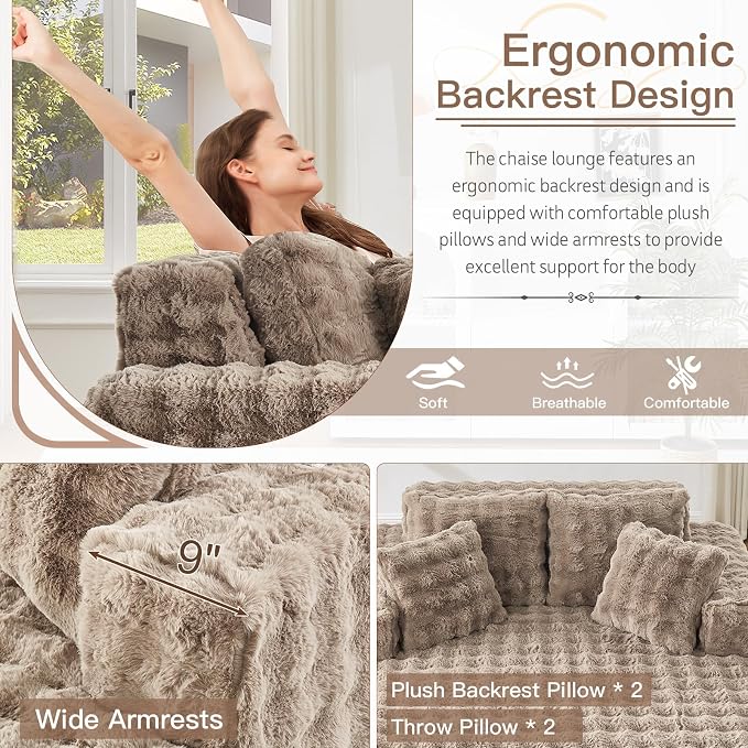 56" W Oversized Chaise Lounge Chair Indoor, Plush Faux Fur Sleeper Couch Sofa - Image 4