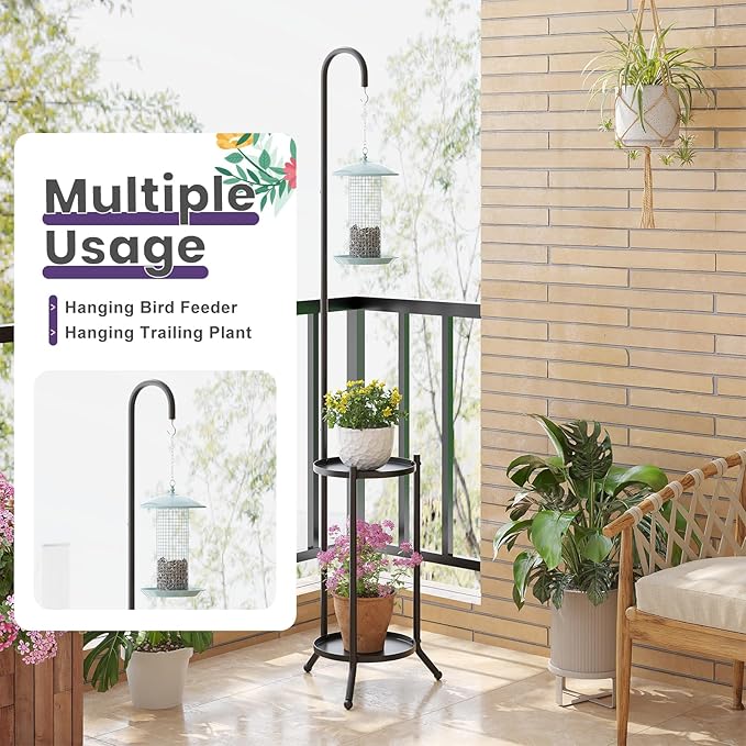 2-Tier Metal Plant Stand with Hanging Hook, Indoor Outdoor Plant Shelf - Image 5