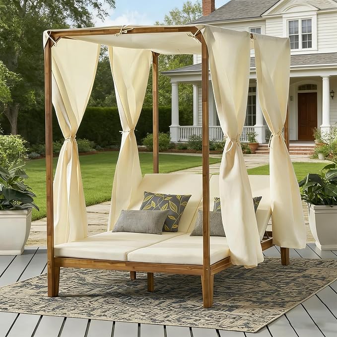 Solid Acacia Wood Daybed for Patio, Outdoor Double Sunbed by Unknown