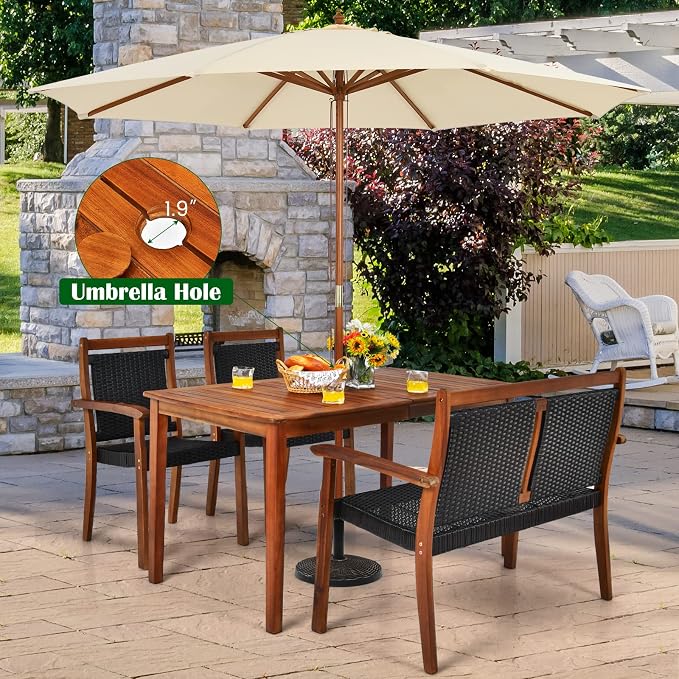 COSTWAY 4 Piece Patio Rattan Dining Furniture Set, Outdoor Acacia Wood Frame - Image 3