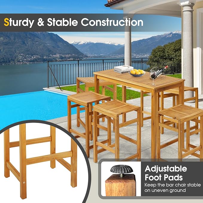 Tangkula 7 Piece Outdoor Acacia Wood Bar Table Set, Space-Saving Patio Dining - Image 9